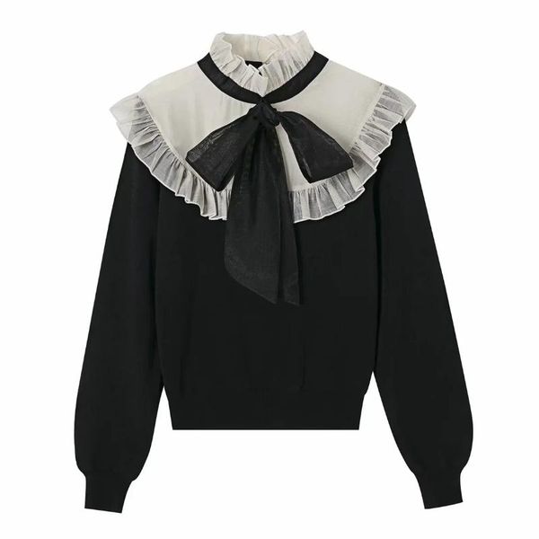 women's sweaters women contrast color organza splicing knitting sweater femme long sleeve pullover casual lady loose sw960, White;black